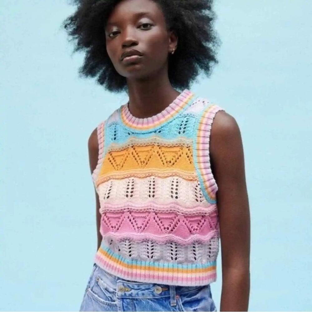 Zara | Multicolor Stripe Crochet Open Knit Cropped Sleeveless Top - Picture 1 of 7